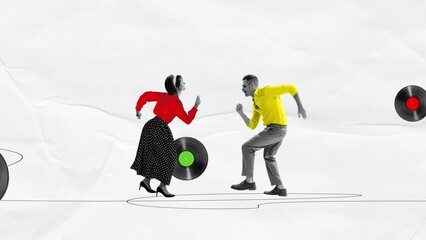 Advertisement for cultural festival celebrating the 1950s, complete with music and dance events. Stylish young man and woman in retro clothes dancing on various vinyl records. Stop motion, animation.