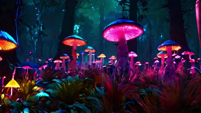 Giant neon colorful mushrooms in a magical jungle at night, vibrant glowing mushrooms in the dark woods Generative AI
