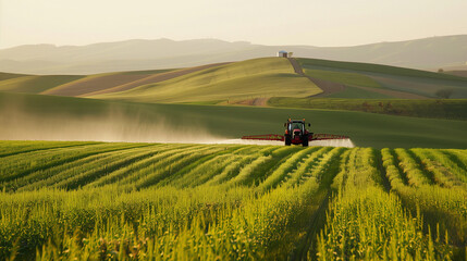 Naklejka premium Tractor Spraying Crops in Vast Agricultural Field at Sunrise