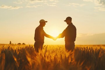 Farmers shake hands in wheat field for partnership agreement.