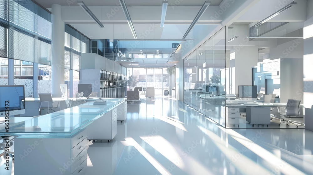 Poster a realistic 3d rendering of the open space of an office