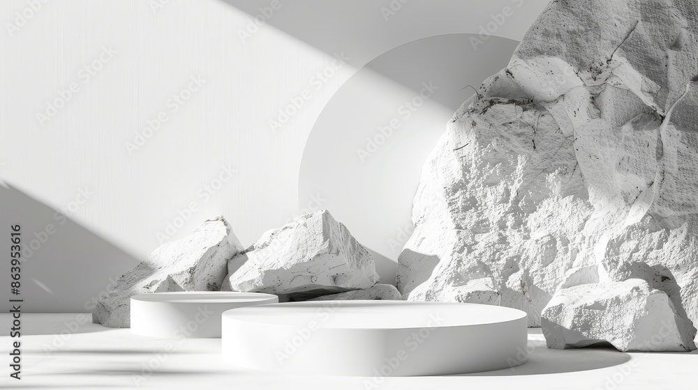 Poster display of merchandise in front of a 3d rendition of an abstract background with a white stone and d