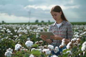 Smart farmer uses tablet for intelligent agriculture  female agronomist checks cotton quality.