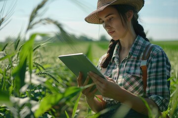 Fototapeta premium Smart woman agronomist uses tablet for field monitoring.
