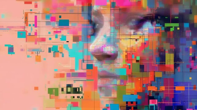 A contemporary digital artwork features a close-up of a woman's face transformed into a vibrant, pixelated mosaic. The image consists of vivid colors and abstract patterns, creating an eye-catching,