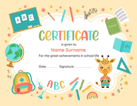 Back to school playful frame background. Elementary school certificate design template. Children vector illustration of school supplies. Vibrant colors, fun character, child-friendly design.