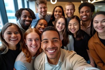 Obraz premium Multicultural happy people taking group selfie portrait in the office, diverse people celebrating together, Happy teamwork and lifestyle concept