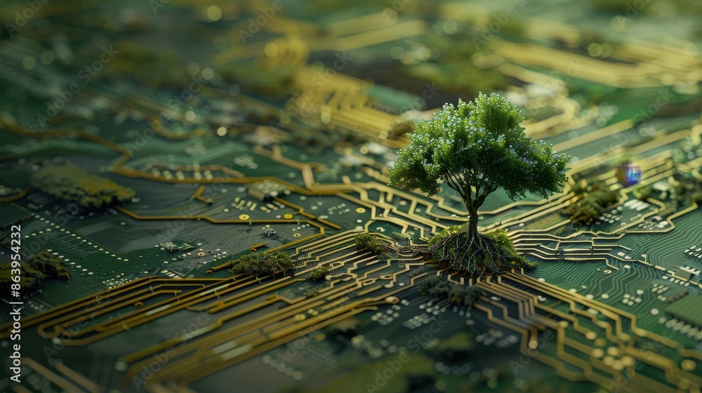 Poster the tree growing on the converging point of a computer circuit board. green computing, it, csr, and 