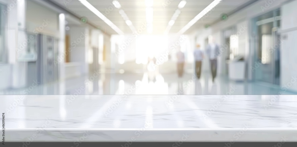 Poster in a 3d illustration, there is an empty space behind the reception table and a blurred hospital corr