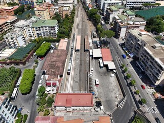aerial view of Sorrento central railway station, Sorrento Metropolitan City of Naples, Italy
