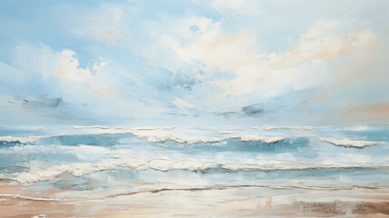 Peinture l&eacute;g&egrave;rement abstraite repr&eacute;sentant une plage, avec le sable, la mer et un ciel bleu nuageux. Traits de pinceaux, tableau, art. Pour conception et cr&eacute;ation graphique. 