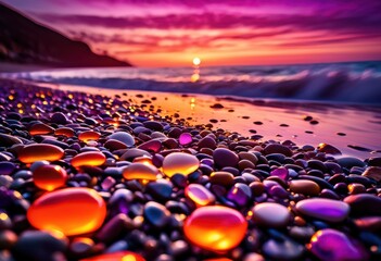 Obraz premium vibrant sunset reflection glistening beach pebbles, stones, wet, colorful, shining, dusk, coastal, shore, nature, peaceful, tranquil, landscape, horizon, water