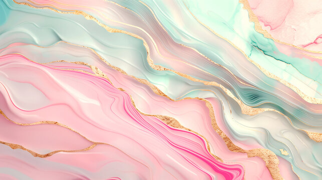 Abstract flowing marble 3d pastel background, with soft gradients of pastel colors like pink, blue, and green. with gold line accents, a sense of luxury and elegance. a fluid and ethereal feel