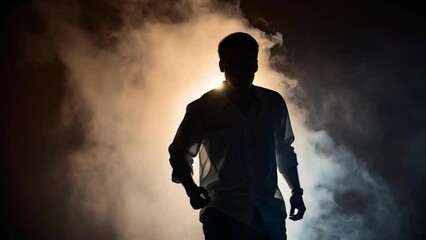 Silhouette of a person wearing white shirt standing like a hero on smoke and light behind his body, cinematic heroic motivational shot of a man standing on smoke or fog with lighting Generative AI