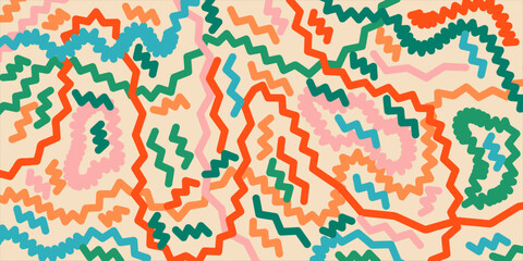 Abstract style geometric summer blue, red, beige, orange, green background with lines zigzag. Hand drawn multicolored vector illustration for cards, business, banners, wallpaper, textile, wrapping	