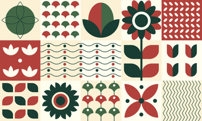 Geometric plants in a flat style, tiles pattern design, wallpaper with petals, leaves, geometric forms and shapes. Vector illustration.