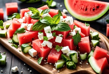 refreshing watermelon feta salad crisp cucumber mint leaves, juicy, sweet, tangy, healthy, summer, delicious, red, green, white, tasty, vegetarian, appetizer,