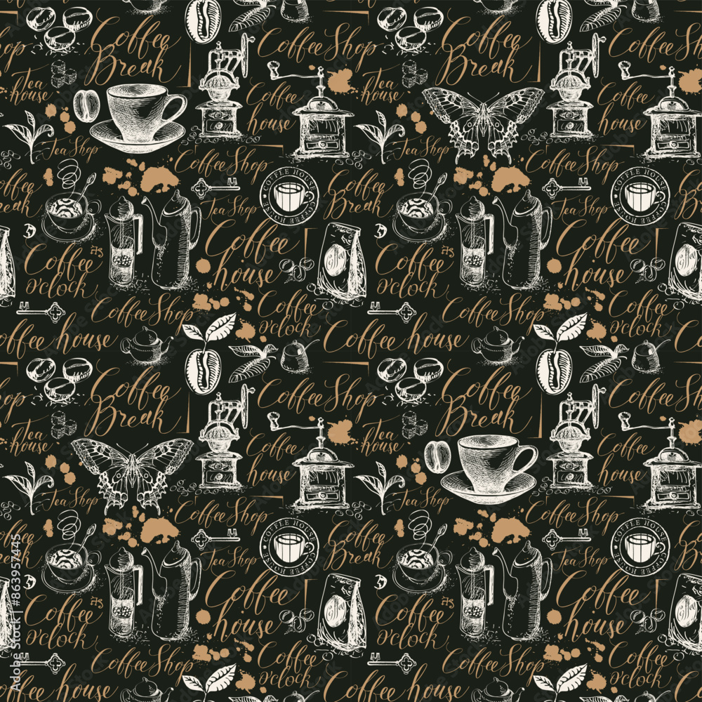 Poster vector seamless pattern on tea and coffee theme with sketches, blots and unreadable inscriptions in 