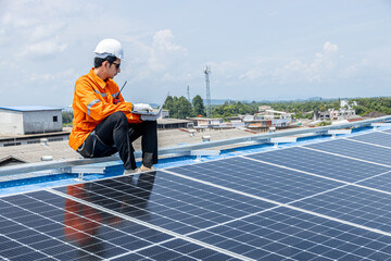 Professional Engineer Service Solar Panel. Worker Maintenance Cleaning Replacing Solar Panel. Solar photovoltaic panel system in Industry roof. Saving Energy with Clean Power.