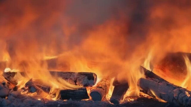 Burning logs blaze with intense flames in a fire pit at night, creating a warm and inviting atmosphere. The vivid colors of the fire provide a mesmerizing and cozy scene.