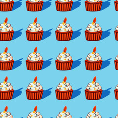 Berry cupcake pattern with shadow, vector	