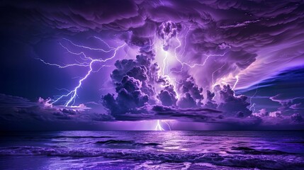 a purple sky with lightning coming out of it, a large group of lightning flashes over the ocean
