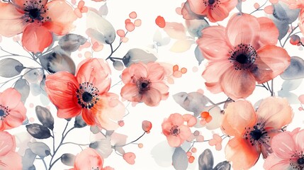 Watercolor floral seamless pattern with pink flowers and green leaves on white background.