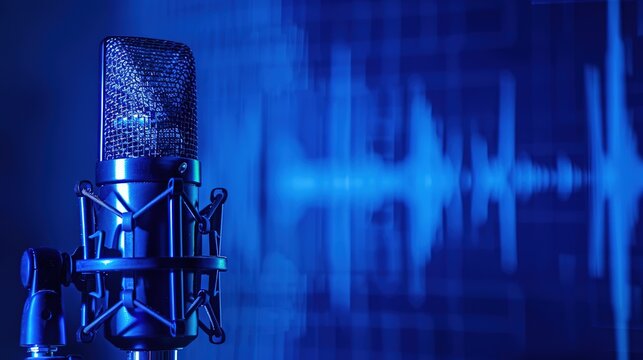 Professional Microphone with Sound Waves on Blue Background Banner for Podcast or Radio Studio, Mockup Design Template, Captured with Wide Angle Lens in Daylight. Ideal for Audio Broadcasting