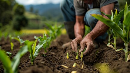 A farmer grows corn in his field. He carefully plants the tiny corn sprouts, ensuring they have a good start in life. Growing corn is a lot of work, but it's rewarding to see the plants thrive.