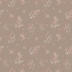 Watercolor seamless pattern floral delicate pastel vintage green violet pink brown bouquet. Hand drawn illustration isolated on white background. Flower and herb summer composition for textile.