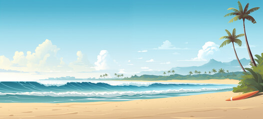 Obraz premium Illustration d'un paysage d'une plage paradisiaque. Sable fin, eau turquoise et ciel bleu. Palmier et planche de surf. Vacances, été, soleil, voyage. Pour conception et création graphique. 