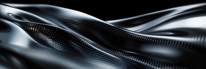 Abstract background featuring fluid, metallic waves with a smooth, reflective surface. Highlighting a blend of dark and light tones, creating a dynamic, futuristic appearance