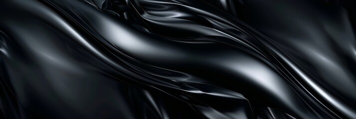 Abstract background featuring smooth, black satin waves with a glossy, reflective texture. Highlights dynamic curves and subtle light reflections, creating a luxurious, modern look