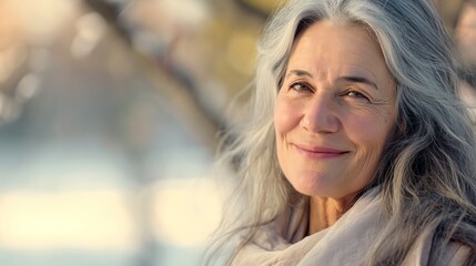 Obraz premium Portrait of a smiling elderly woman with long gray hair, wearing a light scarf. She stands outdoors with a blurred, sunny background, exuding warmth and contentment