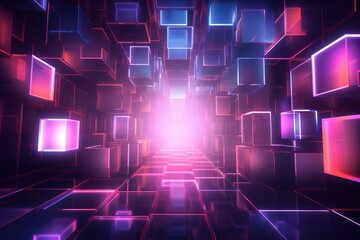 3d render, abstract futuristic neon background, virtual reality cyberspace, pink blue vibrant colors, laser show stage