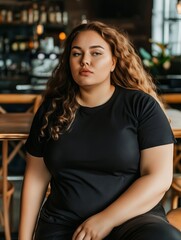 Fototapeta premium A woman in black t - shirt sitting at a table.