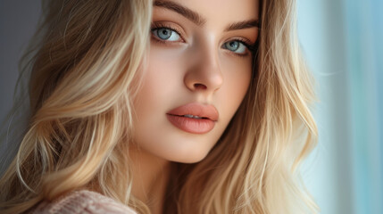Naklejka premium Close-up portrait of a beautiful blonde woman with blue eyes, wearing soft makeup. Her flawless complexion and gentle expression create an elegant and serene look