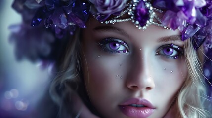 Fototapeta premium A beautiful woman with purple eyes and flowers on her head.