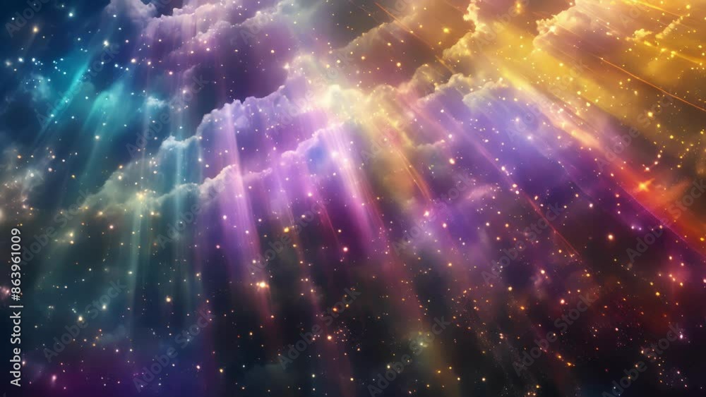 Poster like a burst of light and color the sparkling rainbow particles exploded into the air raining down o