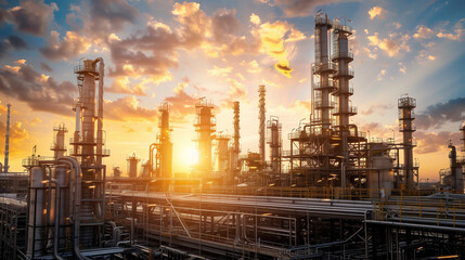 Industrial refinery complex with pipelines and towers at sunset