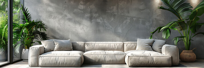 Modern sofa and mock up wall with copy space