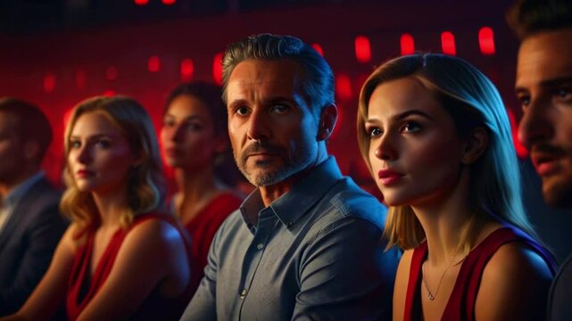 A group of people are sitting in a dimly lit room. The people are all looking in the same direction.