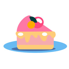 A piece of sweet cake with cream. Festive cake with berries. Flat illustration isolated on white background 