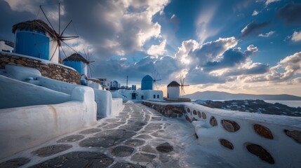 Mykonos windmills and blue domes, Greece