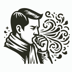 unhealthy Sickness, asian young man, girl unwell and coughing, have cold, sore throat isolated white background suffering with symptom cough feeling bad.Hand drawn style vector design illustrations.