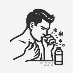 unhealthy Sickness, asian young man, girl unwell and coughing, have cold, sore throat isolated white background suffering with symptom cough feeling bad.Hand drawn style vector design illustrations.