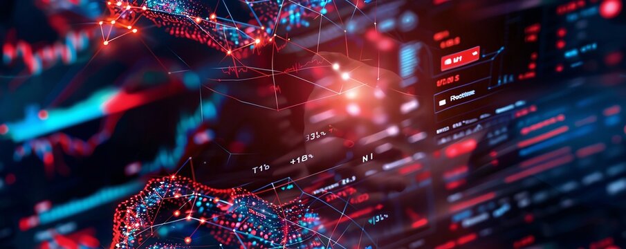 Abstract digital data visualization and programming code, showcasing futuristic technology and network analytics in vibrant colors.