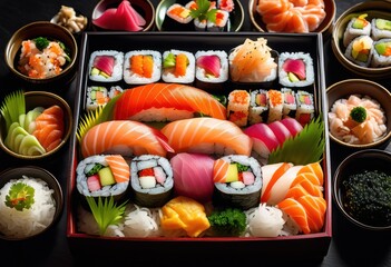japanese bento box filled fresh sushi delicious side dishes, rice, seaweed, salmon, avocado, cucumber, tempura, vegetables, lunch, meal, healthy