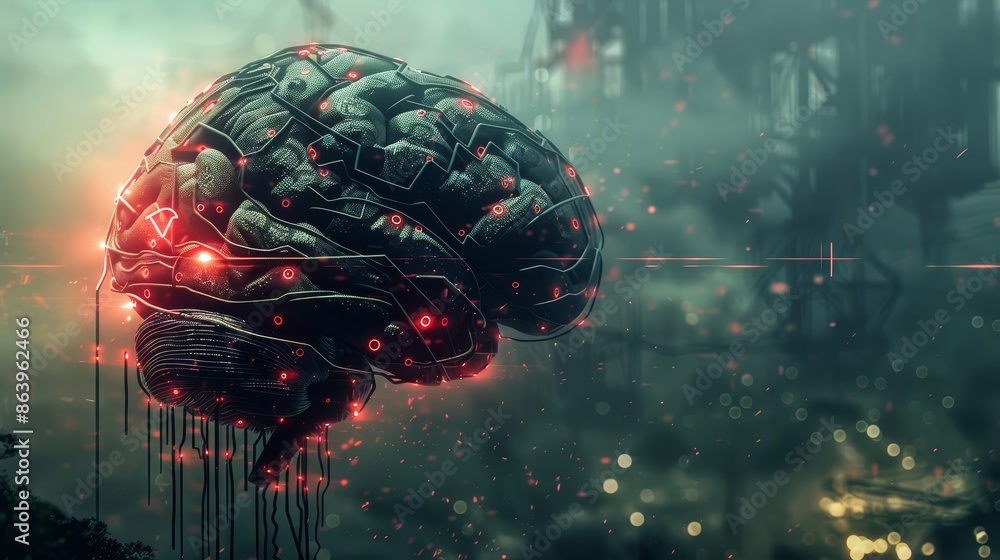Aufkleber a cybernetic brain surrounded by a glowing network of neural pathways, placed in a dark and foggy in