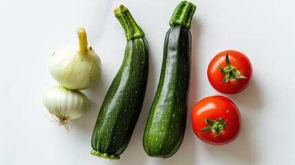 Fresh zucchini onions and tomato placed separately on a plain white surface